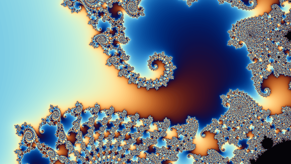 Deep zoom into the Mandelbrot set rendered by a Vulkan compute shader, showing an intricate blue and orange spiral